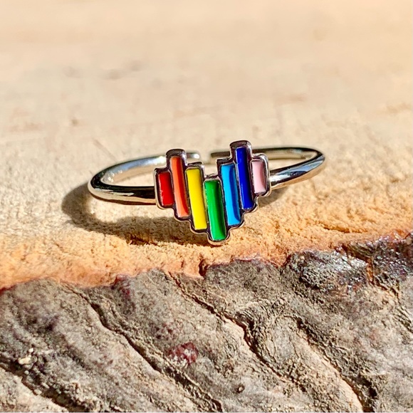 Jewelry - 🌈 Rainbow Colored Heart Adjustable Silver 925 Ring